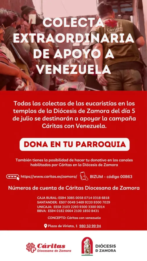 La Diócesis de Zamora destinará la colecta del domingo 5 de julio a Cáritas Venezuela